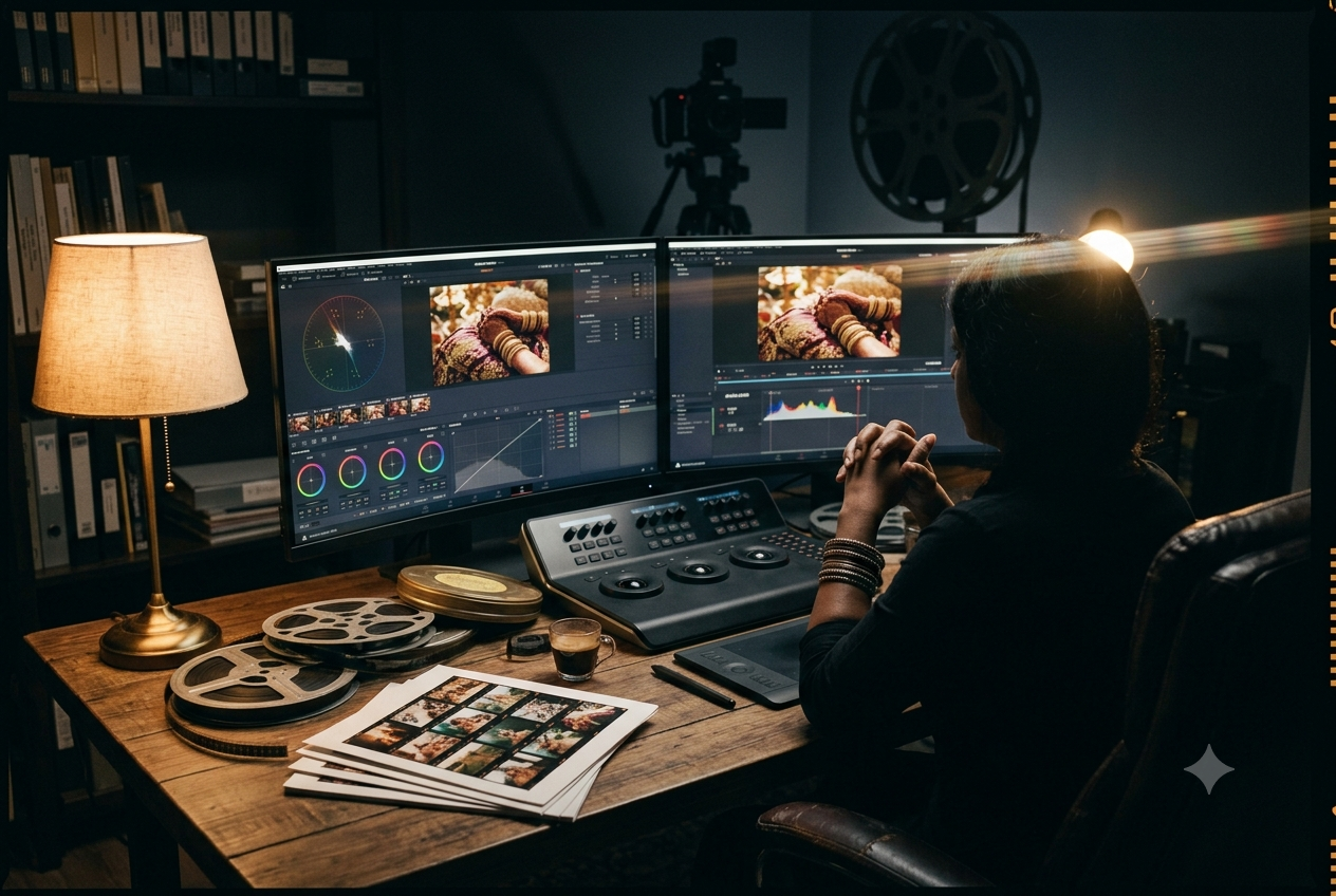 Colour grading suite with wedding footage on calibrated monitors