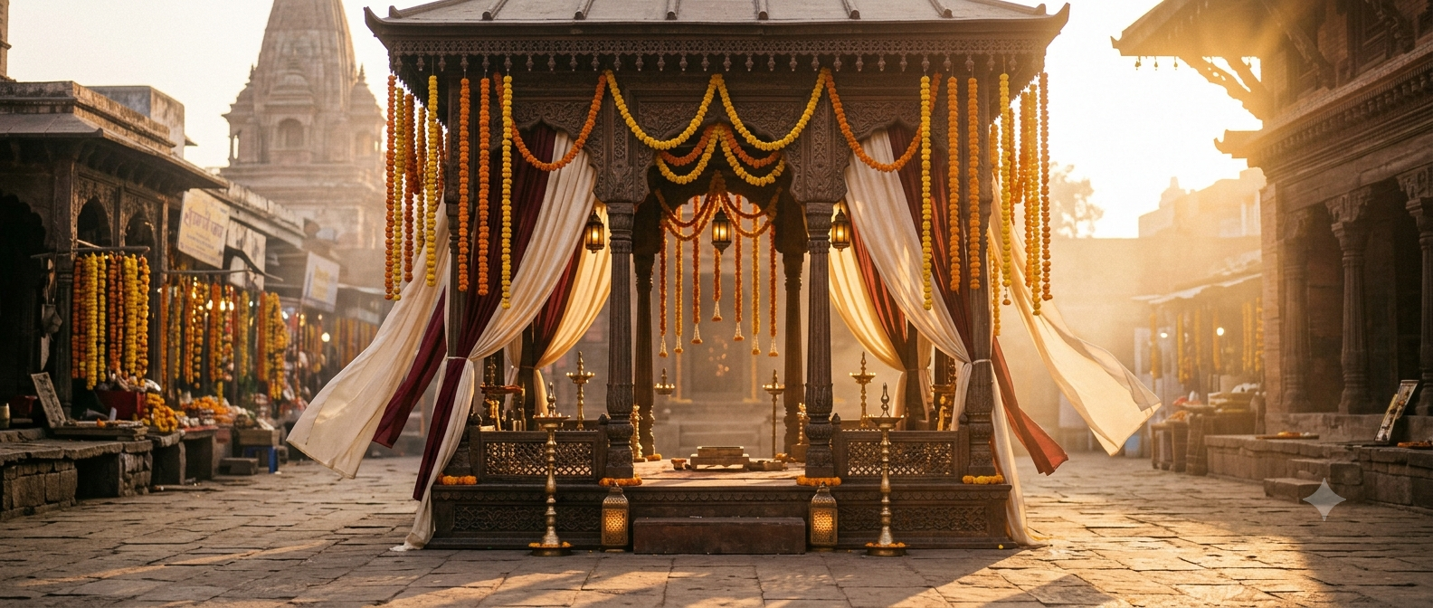 Marigold-draped mandap lit for an evening ceremony